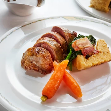 Winner of the Roux Scholarship 2018 is Martin Carabott and here is his winning dish Pigeonneaux Valenciennes-style, vin jaune sauce: whole roasted pigeons stuffed with forcemeat and sweetbreads, garnished with spinach and carrots. Served with glazed polenta and morels timbales, accompanied with a vin jaune sauce.<br />
<br />
Chef: @martin0carabott<br />
Restaurant: @hide_restaurant<br />
Competition: @roux_scholarship<br />
Photograph: @jodihindsphoto