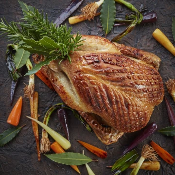 Another creation from the talented Adam Bennett - this time a roast duck with roast vegetables - now this is what you want for Thanksgiving or Christmas,  a nice change from turkey perhaps?!  Love the surface texture too - gorgeousness!<br />
<br />
Restaurant: Michelin starred The Cross: IG @thecrossatkenilworth<br />
Chef: Adam Bennett<br />
Photographer: @jodihindsphoto - www.jodihinds.com Represented by Hancock & Handsome