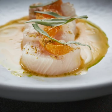 M Restaurant's chef Mike Reid created this beautiful dish of Kingfish Sashimi with clementine, tarragon and fennel. <br />
So fresh and delicate the fish, love the contrast with the matt tarragon leaves and the beautiful lighting picks out all the silky loveliness!<br />
Restaurant: @mrestaurants<br />
Chef: @mikereidchef<br />
Photographer: @jodihindsphoto<br />
