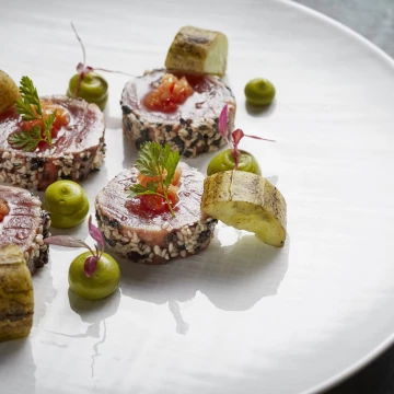 The new chef at Corrigans, Mayfair is Ross Bryans and his dishes are such a joy to photograph.  Here is the tuna dish with pickled cucumber and sesame.<br />
<br />
Restaurant:@corrigans_mayfair<br />
Owner: @chefcorrigan<br />
Chef: @rosspotsnpans<br />
Photographer: @jodihindsphoto