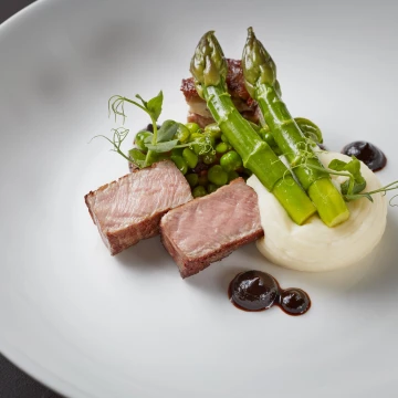 The new chef at Corrigans, Mayfair is Ross Bryans and his dishes are such a joy to photograph.  Here is the lamb dish with the freshest of all asparagus and dots of black garlic to set it off.<br />
<br />
Restaurant:@corrigans_mayfair<br />
Owner: @chefcorrigan<br />
Chef: @rosspotsnpans<br />
Photographer: @jodihindsphoto