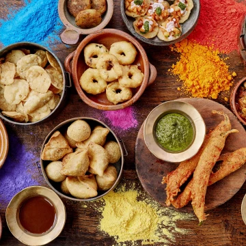 Nothing speaks of Feasting Celebration like Vivek Singh's latest book.  Bringing rich heritage of religious festivals with cultural celebrations, it's an incredibly colourful and enriching book. <br />
<br />
Holi Chaats with Holi paint<br />
Chef: @chefviveksingh with @fiffififirdaus<br />
Publisher: @bloomsburycooks @absolute_press<br />
Retoucher: @theforgeuk<br />
Photographer: @jodihindsphoto