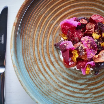 Gorgeous beets dish from Mike Reid's latest M Restaurant in Twickenham, London.  The crockery is so gorgeous with this dish too.<br />
<br />
Photographer: @jodihindsphoto<br />
Chef: @mikereidchef<br />
Restaurant: @mbarandgrill<br />
