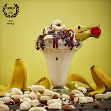 This is the genius of the London Cocktail Club's JJ Goodman.  It's a Banoffee Sundae with a kick! Amaretto and toffee vodka combined with peanut butter and ice-cream with delicious sauce makes it the perfect pudding cocktail.<br />
All part of their book Kitchen Cocktails released in February 2018<br />
<br />
Creator @jjgoodmanbartender<br />
Venues @londoncocktailclub<br />
Publisher @rmc_books<br />
Photographer @jodihindsphoto