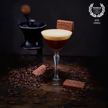 The espresso martini first featured in the early 1980's in London, so it's said.  Well JJ Goodman has put his own spin on it and adds a classic English bourbon biscuit to top it off.  This was shot as part of his incredible book to inspire home cocktail making.  It's going to be an amazing book - watch out for it!<br />
Kitchen Cocktails will be released in February 2018<br />
<br />
Creator @jjgoodmanbartender<br />
Venues @londoncocktailclub<br />
Publisher @rmc_books<br />
Photographer @jodihindsphoto