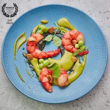 Chef Mike Reid never fails to bring out new, creative and sumptuous dishes at M Restaurants.  Here is his cured red prawns, english peas, coal cooked potato and squid ink sauce.<br />
Chef: @mikereidchef<br />
Restaurant: @mrestaurants<br />
Owner: @martinwilliams32<br />
Photograph: @jodihindsphoto
