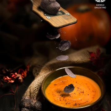 Cream of pumpkin and black winter truffle.<br />
Work Made with multi-layers photographic compositing technique.<br />
Shoot by Nikon D810+ Nikkor 24-70 and Hensel Studio Flash