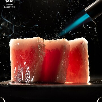 This is the belly side of a tuna that can reach the weight of 300kg. The fat content is amazing.<br />
Creation of chef "Maruko" from "Unisushi" Restaurant in Cervia-Italy<br />
Shot by Nikon d810- Nikkor 105mm macro and 3 studio strobe lights.