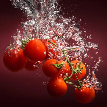 Dip in water while washing tomato in the process for Italian tomato sauce, one of the most important ingredients in the italian kitchen.<br />
Shoot with nikon D850 and 2 light strobos.