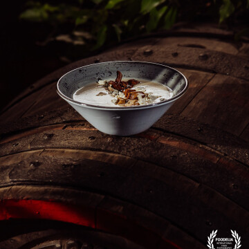 Forest - vegan proposition from @concordiahotel Zachełmie Poland. Cream of marinated chanterelles and smoked tofu. <br />
<br />
@marcin4funphotos<br />
@fotofoodie