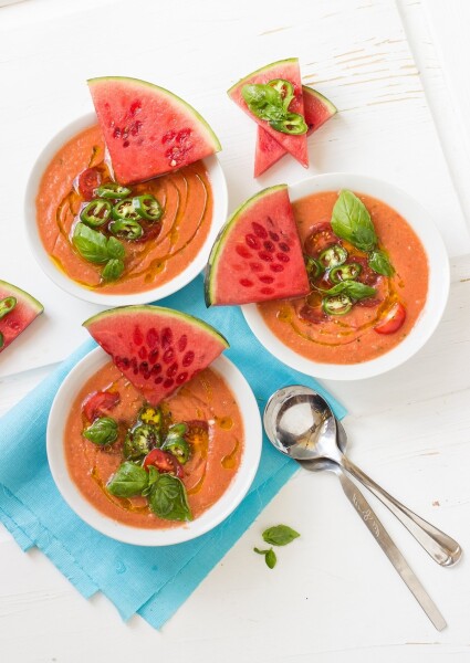 Watermelon gazpacho
Recently summer in Poland is very hot, so cold soup is a must. This is a variation of traditional Spanish gazpacho made with watermelon, cherry tomatoes, hot green pepper and basil.