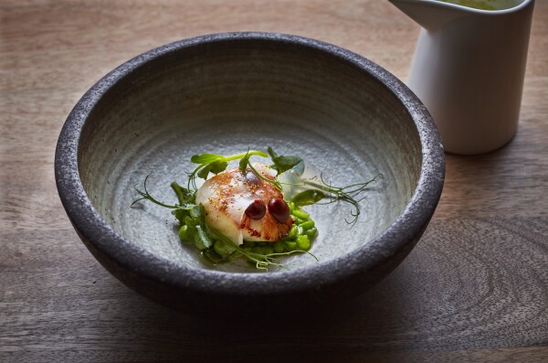 Roasted scallops, salted toffee pea soup, black garlic puree & lardo.  This was the stunning collaboration meal with Simon Hulstone and Luke Tipping at Simpsons Restaurant, Birmingham.

Chef: @hulstone
Simpsons: @simpsons_restaurant @luke.tipping
Photographer: @jodihindsphoto