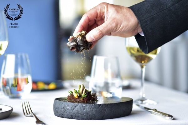 This image was made while visiting the one star Michelin restaurant Fortaleza do Guincho in Cascais, Portugal.<br />
This menu with sea inspiration was create  by Michelin star chef Miguel Rocha Vieira. <br />
