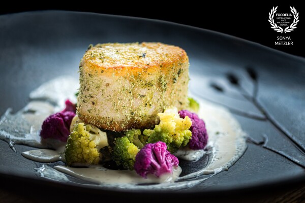 Herb encrusted cod on a bed of Romanesco, Purple Cauliflower, Oyster Emulsion, and Yoghurt. <br />
Beautifully plated by chef @mattefrg at @salut.restaurant in London