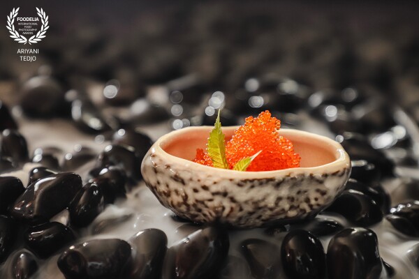 The very first idea of this shot came from the little sauce dish. I was so fascinated with that and worked to find what food to shoot. I decided to have a go with Tobiko, the flying fish roe popular in Japanese cuisine. Then I played around with stones and dry ice.