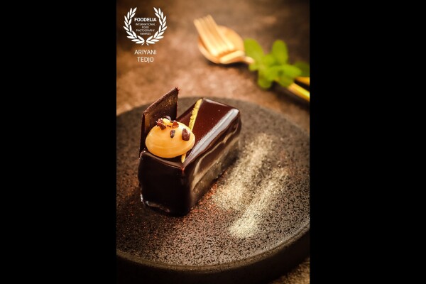 This is a cake that I had for New Year celebration. It's called Quadruple Chocolate Cake; it is made from 65% Dark Chocolate Mousse, Chocolate Brownie, Bali Cacao Nib, Butterscotch Chantilly and Gold Dust. I got this cake from Pasola at Ritz Carlton, Jakarta; took it for a a photo shoot before enjoying it.