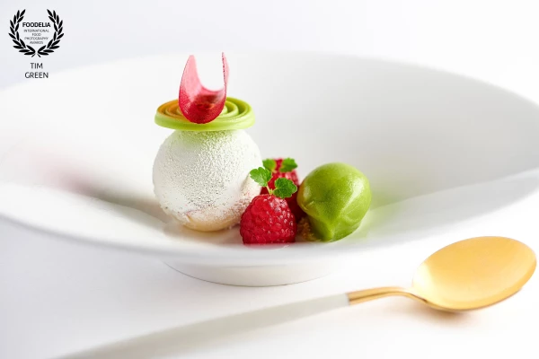 Raspberry Lovage and Basil, dessert by Jermaine Cunningham group pastry chef at "The Frog by Adam Handling" located in Covent Garden London, one of the most creative and innovative restaurants in the UK.