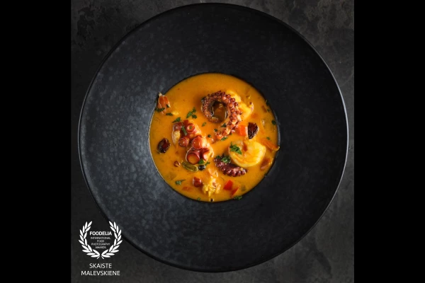 Beautiful octopus stew with shafron and coconut milk. Now when the restaurants are closed and the travels are restricted you can choose to have a gastronomical journey to a different continent. This is a shot of our home ‘restaurant' dish and a short but marvelous journey to Brazil. 