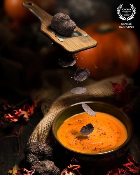 Cream of pumpkin and black winter truffle.<br />
Work Made with multi-layers photographic compositing technique.<br />
Shoot by Nikon D810+ Nikkor 24-70 and Hensel Studio Flash