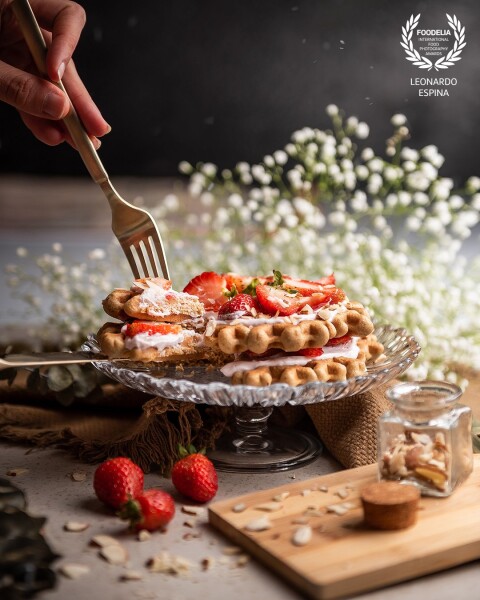 A delicious gluten free waffle, with strawberries and yogurt. Using the side light from a window to generate good shadows, texture and depth in the scene.