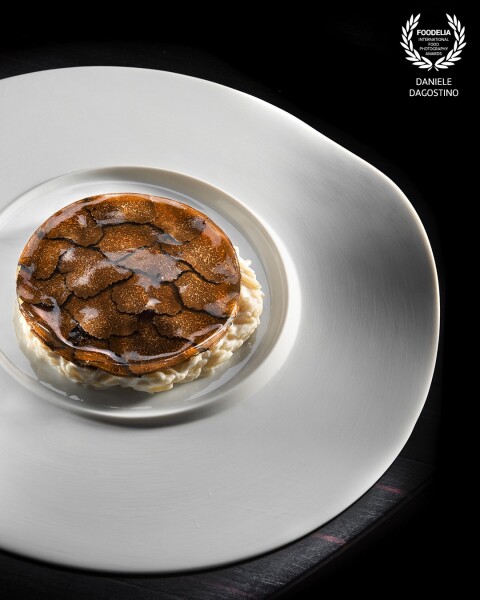 Recipe  photographed for famous Italian starred chef, Ciro Scamardella, based in Rome at the Pipero restaurant.<br />
A delicate pasta called "Risone" with a black truffle jelly sheet.