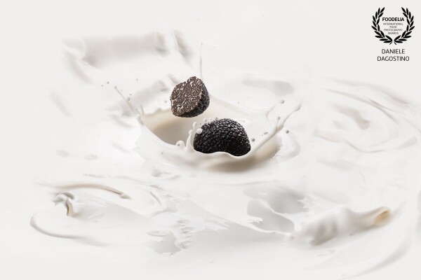 Milk and truffle blend together to create extraordinary recipes such as truffle cheese, truffle cream, truffle chocolate. <br />
 Shot for the customer "Urbani truffles".  Photographed with Nikon D810 and Hensel Contra studio flash lights
