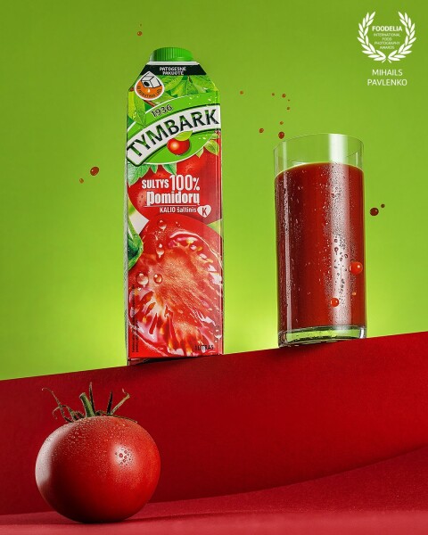 Photo shoot of the tomato juice. It's the combination of freshness, saturation of taste, stylish design and concentrated source of antioxidants.