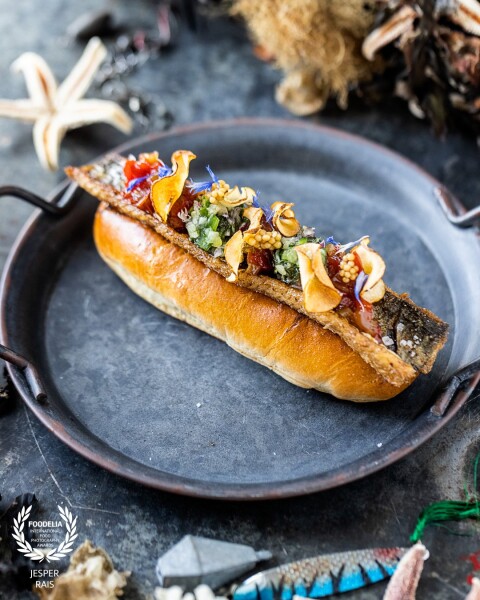 From my new book "The Anglers Cookbook" - Our tak on a hotdog with fish. We used the popular danish hornfish so of course we named the dish Horndog.
