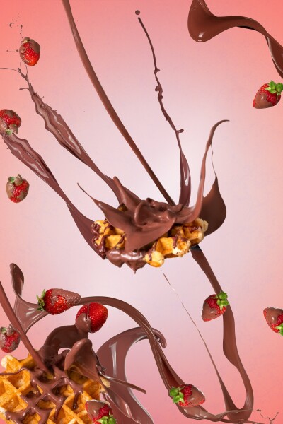 Chocolate splashes colliding with multiple waffles in the image, with strawberries being thrown around along with a pink background to compliment.
