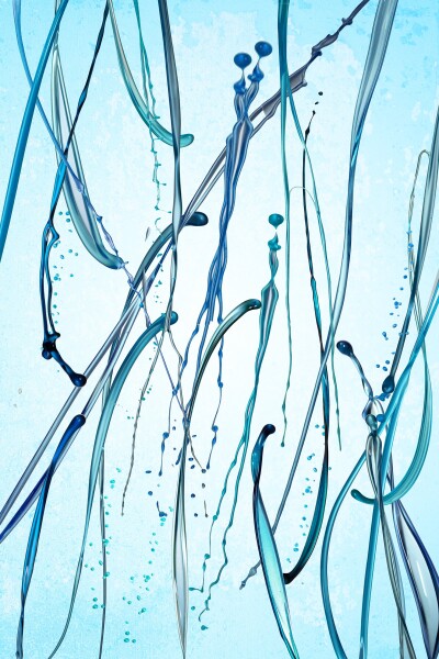 Blue oil splashes individually photographed and combined to create an image collage. The image depicts impressions of jellyfish in the water.
