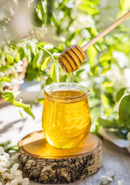 Sweet honey jar surrounded spring acacia blossoms. Honey flows from a spoon in a jar. Natural sunlight.
Advertising shooting for a local farm