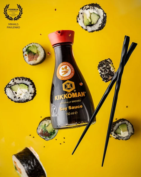Photoshoot of @kikkoman_europe  one of the best say sauce in levitation style with sushi chop sticks and different sushi.  Specially for @cesars.lv