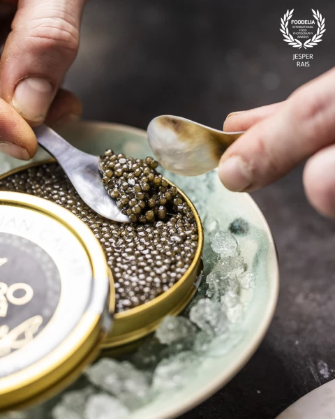 The start of an amazing dish with caviar at gourmet restaurant TreeTop in Vejle, Denmark.