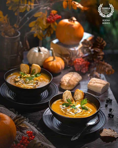 Pumpkin soup... Served Warm in a cozy Autumnal evening.