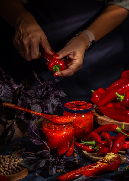 Homemade sweet and hot pepper sauce.