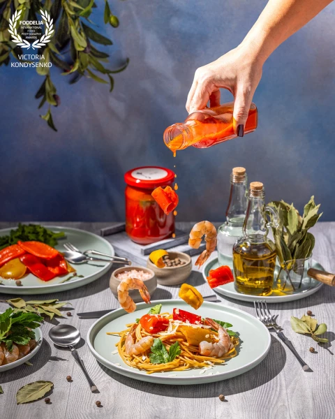 Delicious shrimp scampi pasta with lecho.  Advertising photo shoot of the local Ukrainian garden family farming.