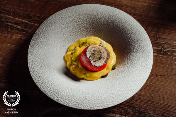Photo taken during a plating workshop with the outstanding chef Ernest Jagodziński. He showed how to use beautiful Fine Dine plates to present some of the dishes.<br />
<br />
On the plate we have passion fruit / white chocolate / atsina cress<br />
@marcin4funphotos<br />
@chefstablebyernest<br />
@ernest.jagodzinski.7<br />
@finedineeurope<br />
@gastrohouse1<br />
@fotofoodie<br />
@koppertcresspl