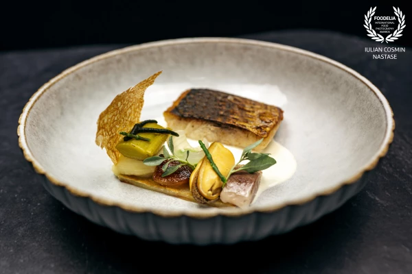 Pan-fried Thicklip Grey Mullet from the Wadden Sea, complemented by fresh mussels, pearl onions, Dut...