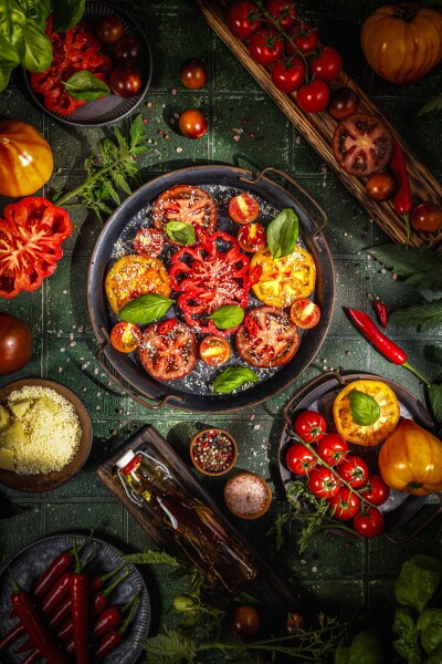 Vibrant culinary scene. Sliced organic tomatoes in various colors and sizes arranged on a dark rustic plate, garnished with grated cheese, basil, and chili peppers.
