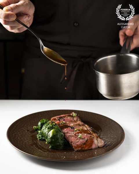 Sliced Black Angus with sautéed chard and Cannonau demi-glace.
Photographed with Chef Stefano Pozzi...