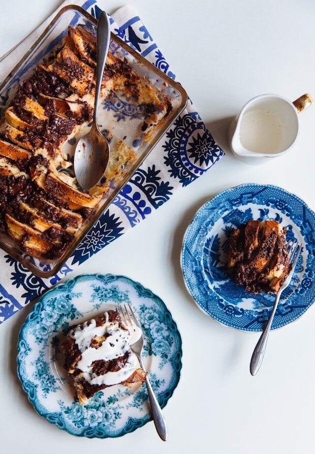 Chocolate chunk bread pudding: Perfect served both as a decadent breakfast or a dessert, you really can’t go wrong with bread pudding. This version is made a little luxurious with the addition of great quality dark chocolate with crunchy and delicious cocoa nibs and a few drops of brandy.