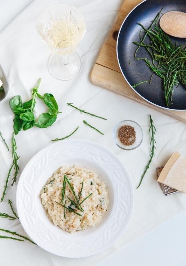 Cod & samphire risotto: Risotto is probably my favourite comfort food. Elegant yet unassuming, requiring few ingredient and yet packing tons of flavour, once you master making it, you really can't go back. This simple fish version is elevated by the addition of crunchy, flavourful samphire, fresh basil and dry white wine.