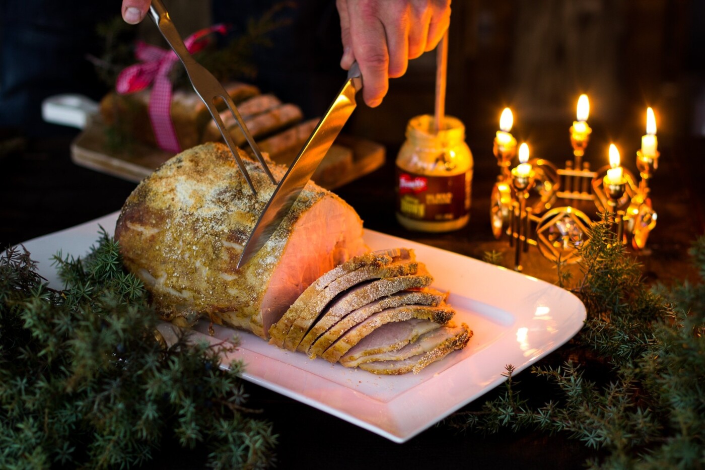 This moody picture is taken on a dark december winter day in Finland, when natural light is cold and harsh blue.<br />
Christmas was just around the corner and we made this traditional garnished Finnish christmas ham.