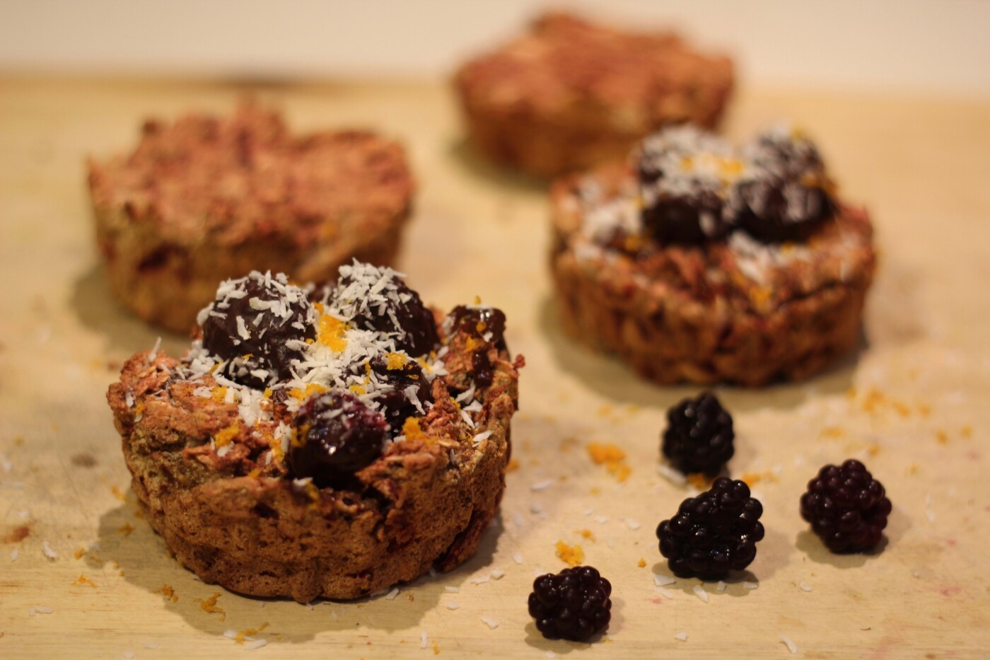 I wanted to create a delicious and fibrous dessert. I did not use any sugar or artificial flavoring but rather dates, blackberries and dark chocolate to sweeten, coconut and orange zest to finish.<br />
The muffins themselves contain flax, beets, bee pollen and coconut flour. They are sustaining, delicious and a treat whilst maintaining a complete nutritional profile!  