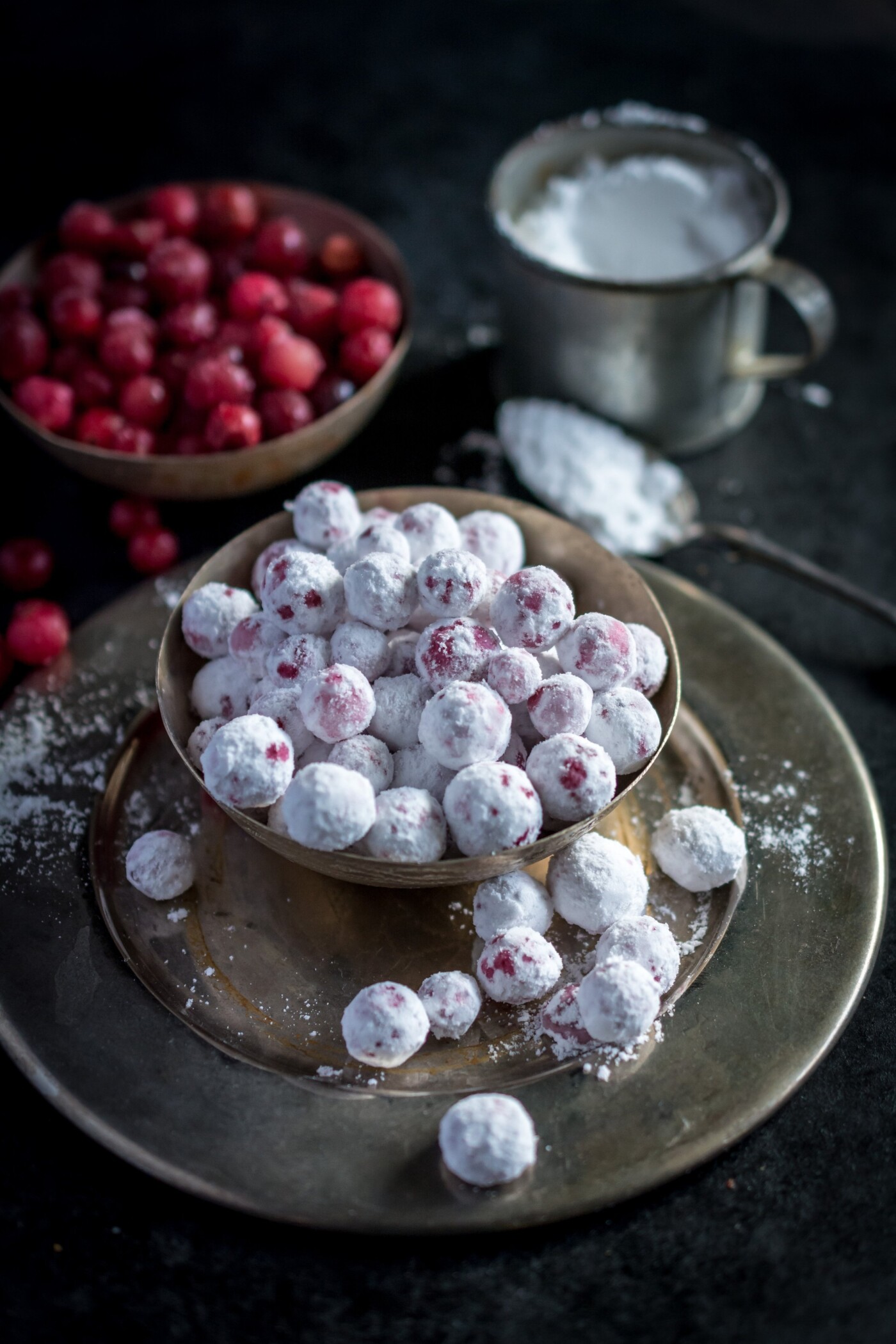 The cranberries were picked by myself last autumn in the swamps close by my parents’ place in the countryside. The cranberry ”candies” are a simple delight that my grandmother used to make. The icing sugar on the icy cranberries creates a wonderful balance of tastes.