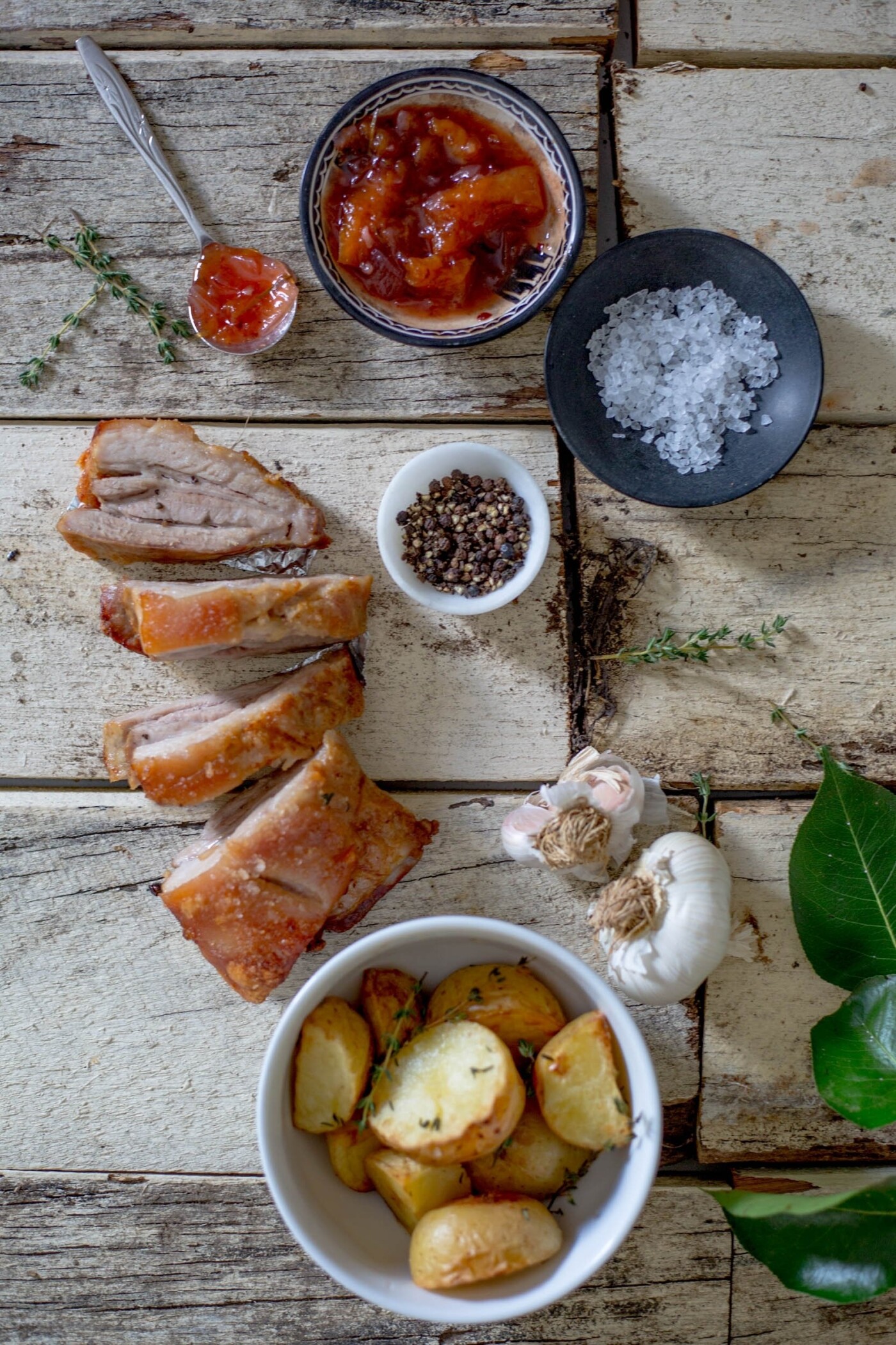 Pork belly with peach chutney will be the meal of the summer. Crispy pork belly, slowly roasted and rubbed with sea salt ensures the crispy crackling that we all love. Having a peach chutney helps break up the saltiness and fat then paired with potatoes makes the perfect roast. Easy to create and even easier to eat!