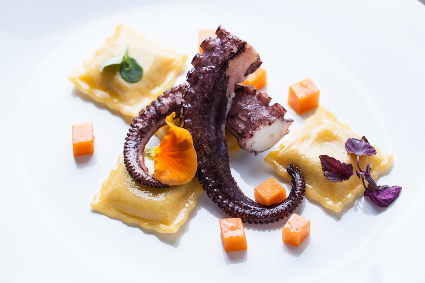 The ricotta and wild garlic ravioli with caramelised octopus are one of the signature dishes of Settimo Cielo, a restaurant in the heart of Vienna with a view to rival the beauty of its dishes.