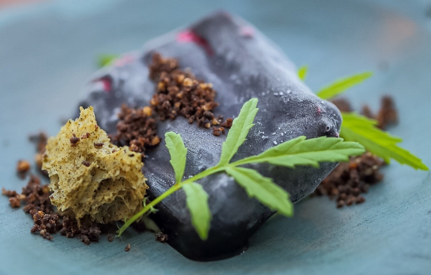 Picture taken at Lenclume restaurant in Cartmel, Lake District, United Kingdom. Dessert dish is Beetroot slate ~ Apple Marigold and Cobnut. Picture taken only with available natural light.