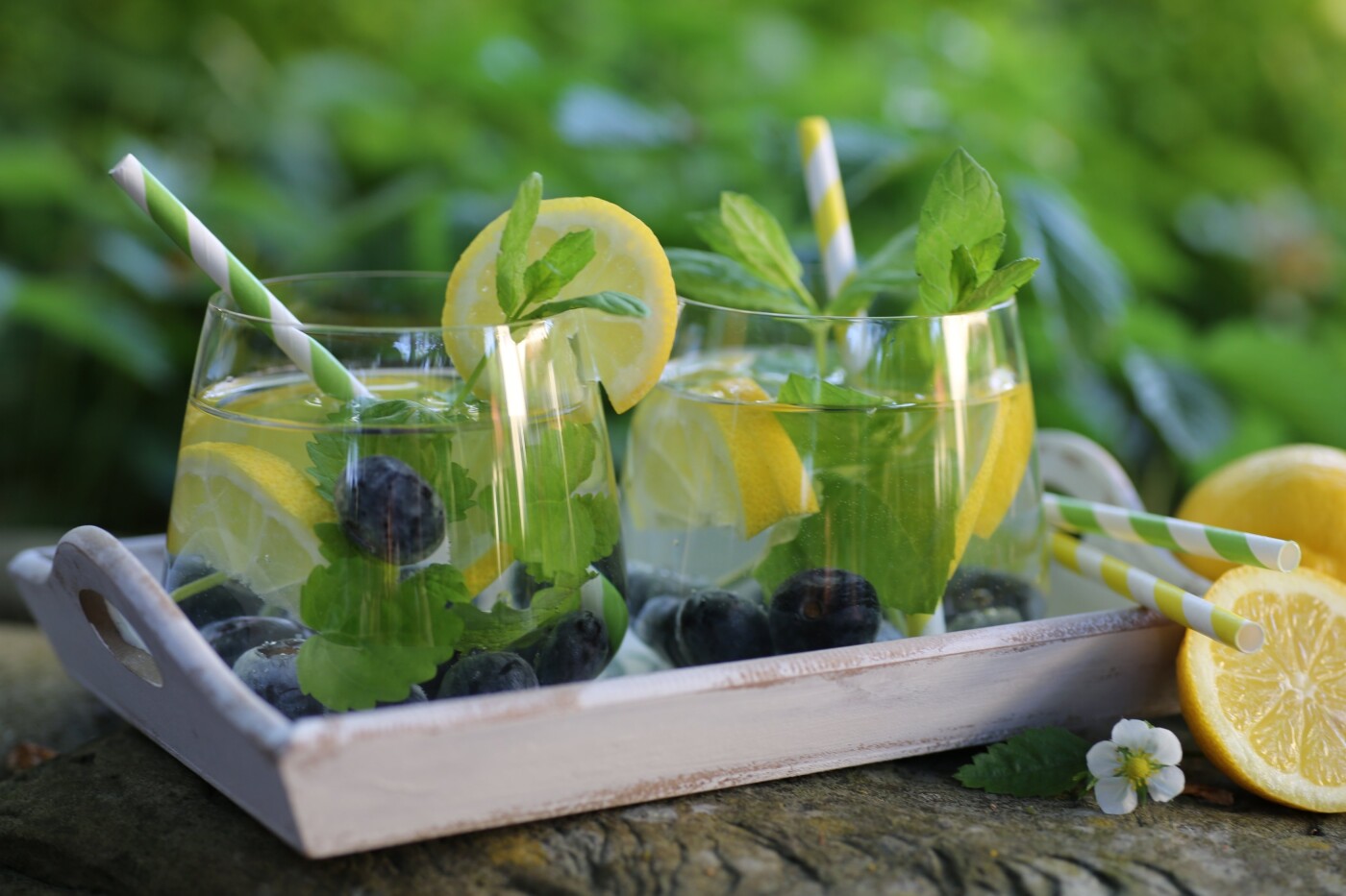 Water with lemon and blueberry-good for hot summer day.