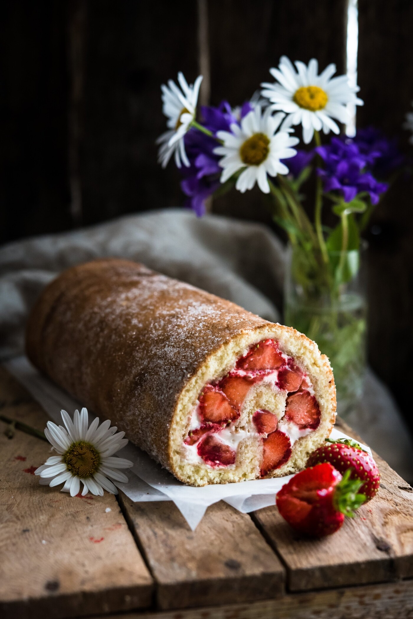 A typical jelly roll, filled with fresh strawberries and whipped cream. That’s the taste of summer at its best. It’s also gluten free.